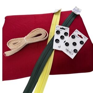 Vintage Wool Fabric Red Deadstock 2.4m Sewing Bundle Notions Zippers Buttons OS